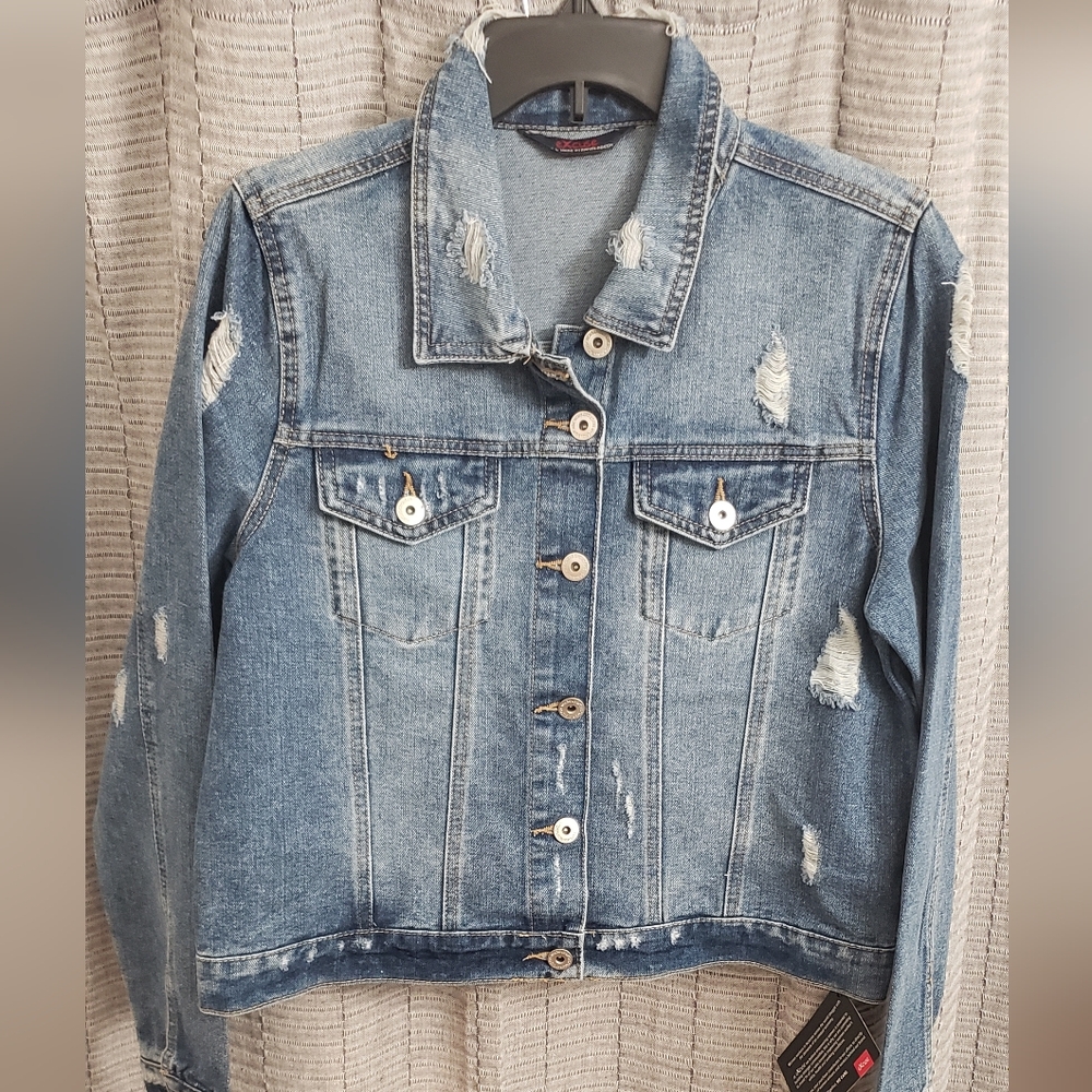 Cool, Stylish Jean Jacket by Excuse. Size L. NWT. Edgy Ripped Look.